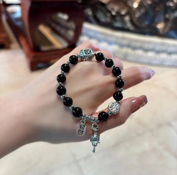 黑曜石转金桶招财手链